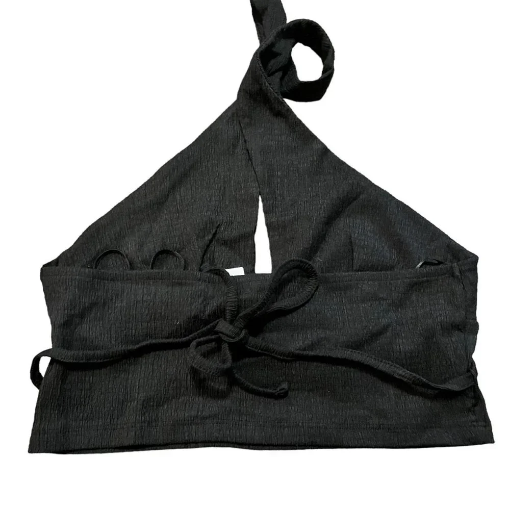NEW URBAN OUTFITTERS BLACK HALTER TOP LARGE STRAPPY CROP PLUNGE WRAP TANK NWT - Picture 2 of 6